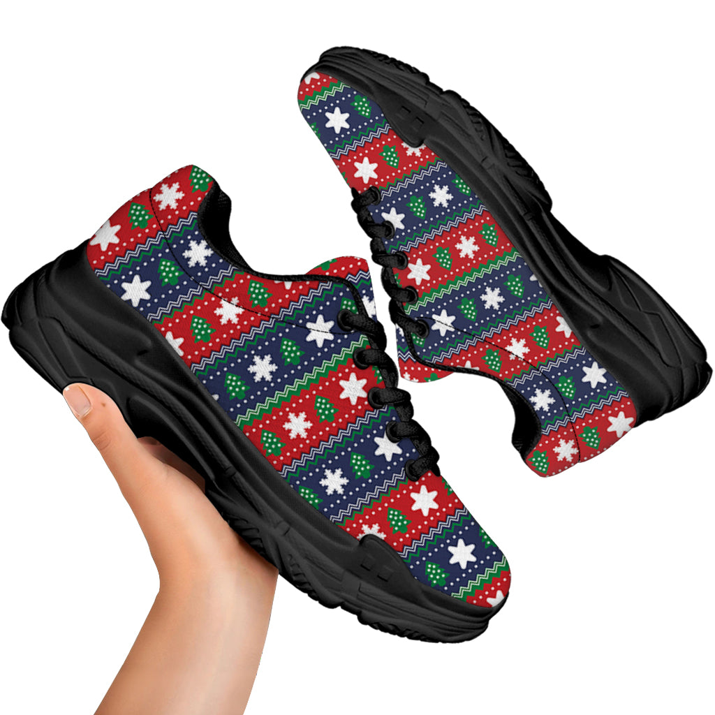 Scandinavian Christmas Pattern Print Black Chunky Shoes