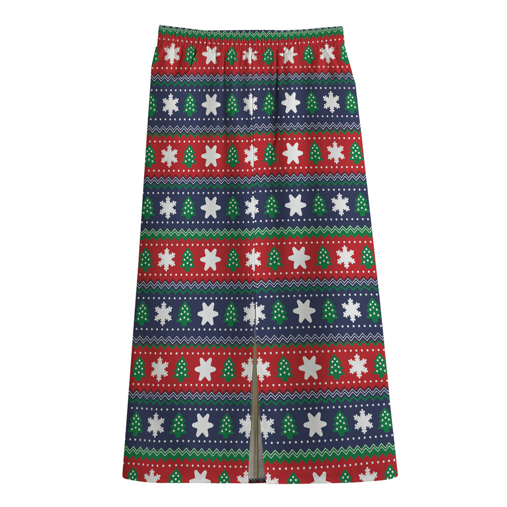Scandinavian Christmas Pattern Print Cotton Front Slit Maxi Skirt