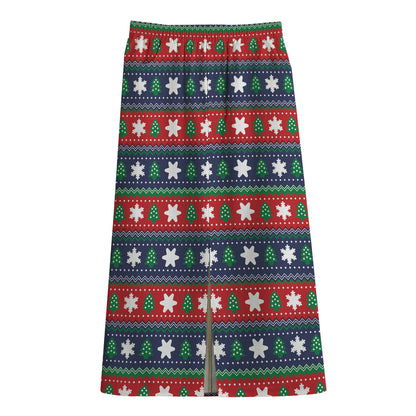 Scandinavian Christmas Pattern Print Cotton Front Slit Maxi Skirt