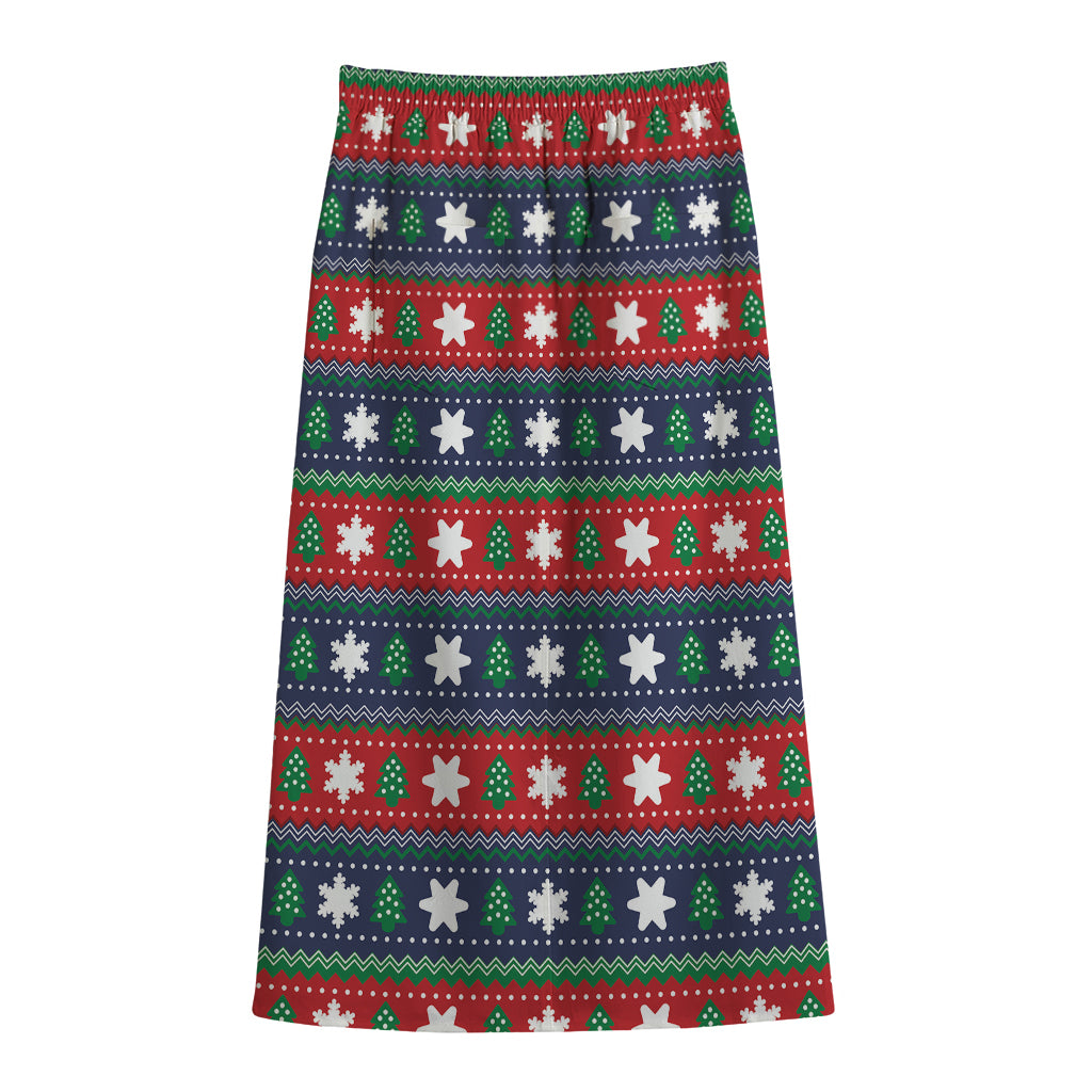 Scandinavian Christmas Pattern Print Cotton Front Slit Maxi Skirt