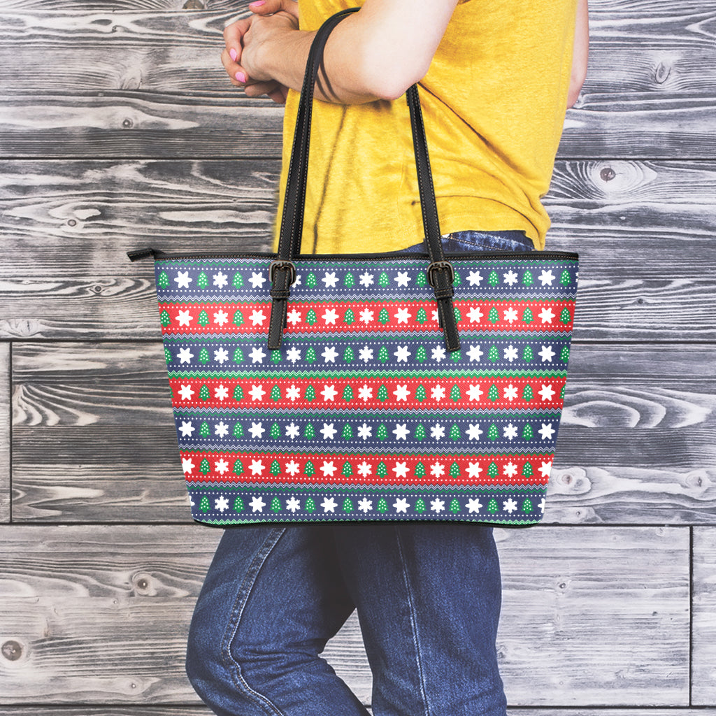 Scandinavian Christmas Pattern Print Leather Tote Bag