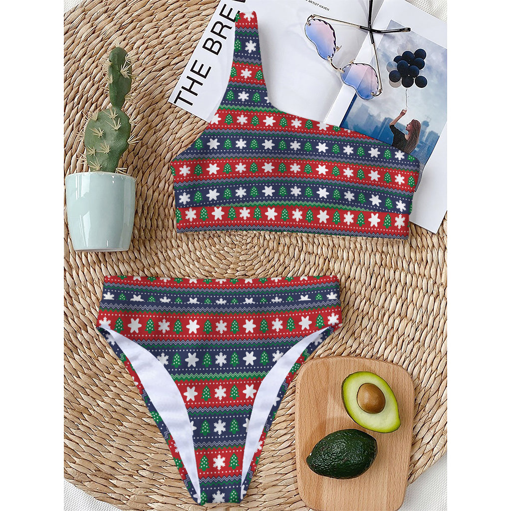 Scandinavian Christmas Pattern Print One Shoulder Bikini Top