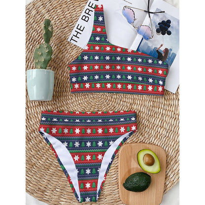 Scandinavian Christmas Pattern Print One Shoulder Bikini Top