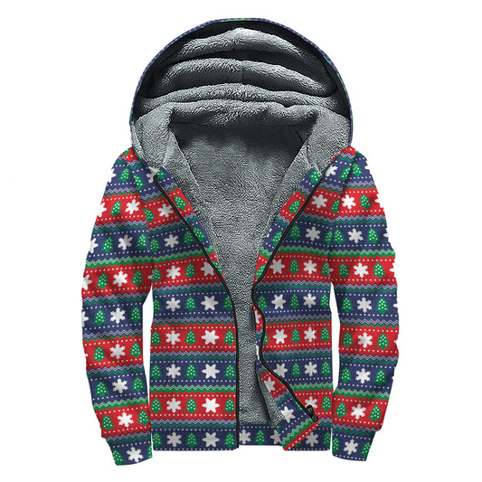 Scandinavian Christmas Pattern Print Sherpa Lined Zip Up Hoodie