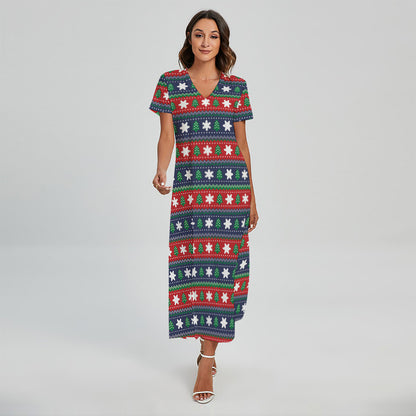 Scandinavian Christmas Pattern Print Short Sleeve Maxi Dress