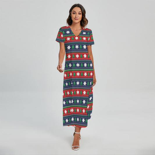 Scandinavian Christmas Pattern Print Short Sleeve Maxi Dress