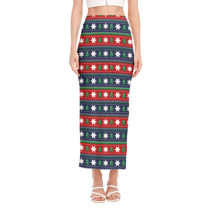 Scandinavian Christmas Pattern Print Side Slit Maxi Skirt