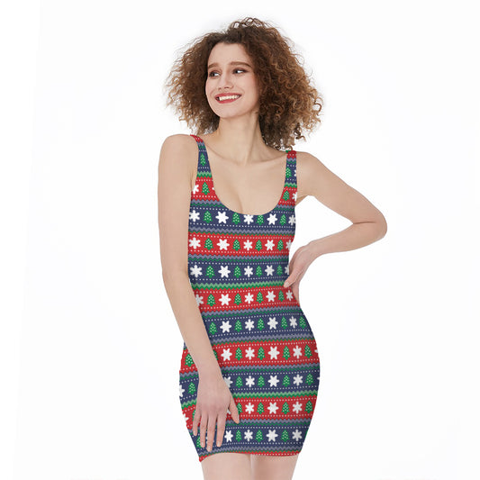 Scandinavian Christmas Pattern Print Sleeveless Bodycon Dress