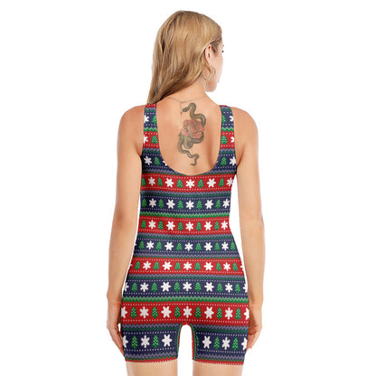 Scandinavian Christmas Pattern Print Sleeveless One Piece Swimsuit