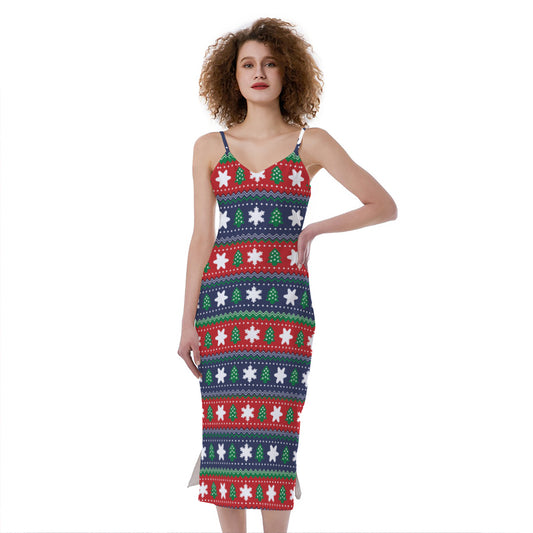 Scandinavian Christmas Pattern Print Slim Fit Midi Cami Dress