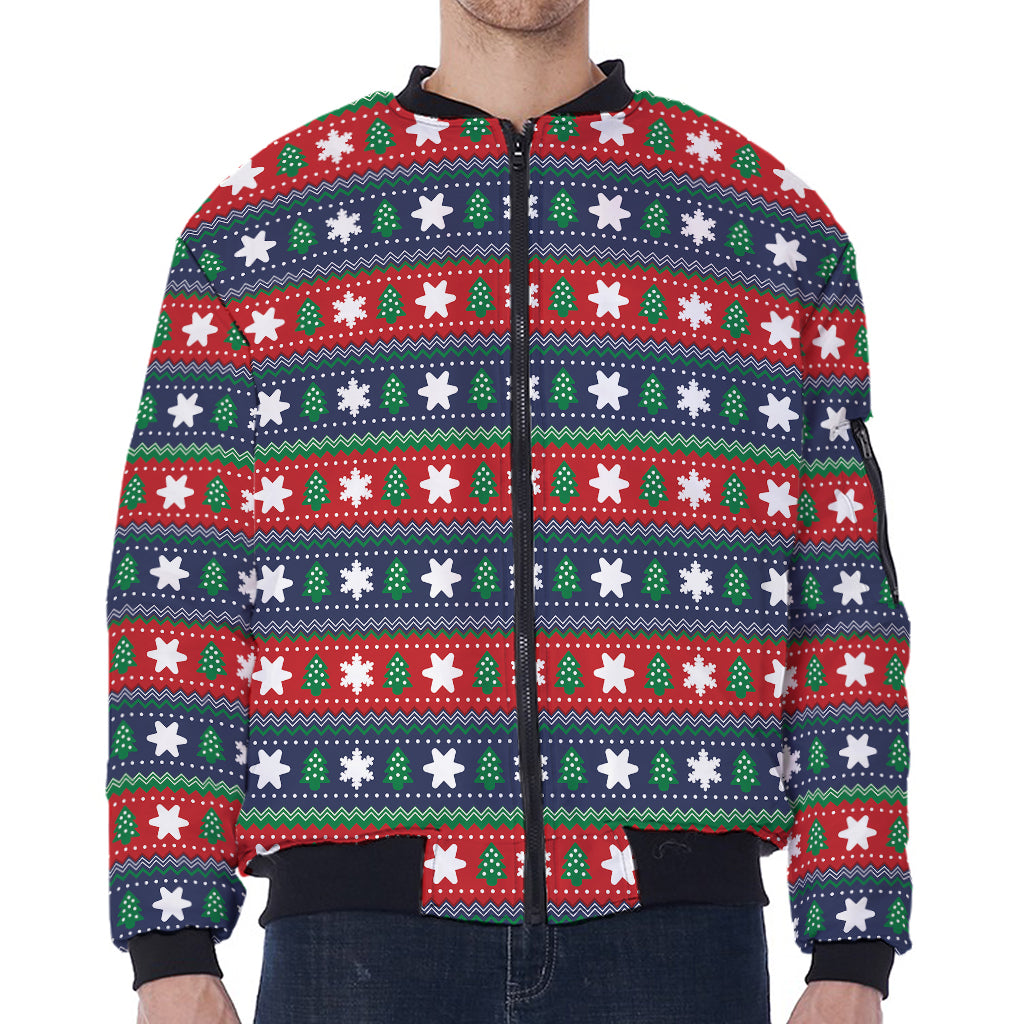 Scandinavian Christmas Pattern Print Zip Sleeve Bomber Jacket