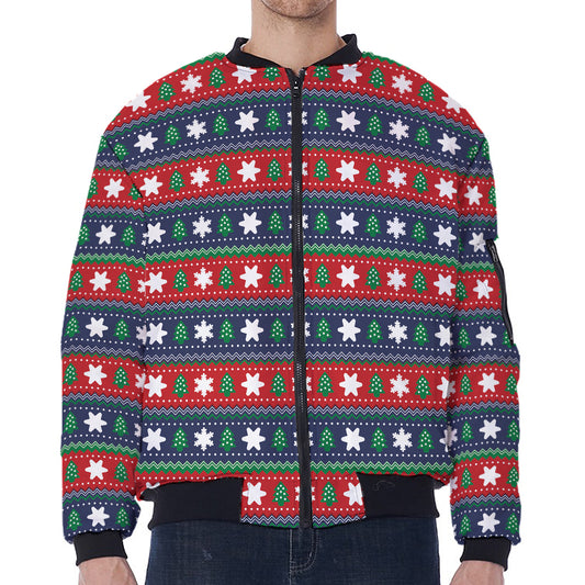 Scandinavian Christmas Pattern Print Zip Sleeve Bomber Jacket
