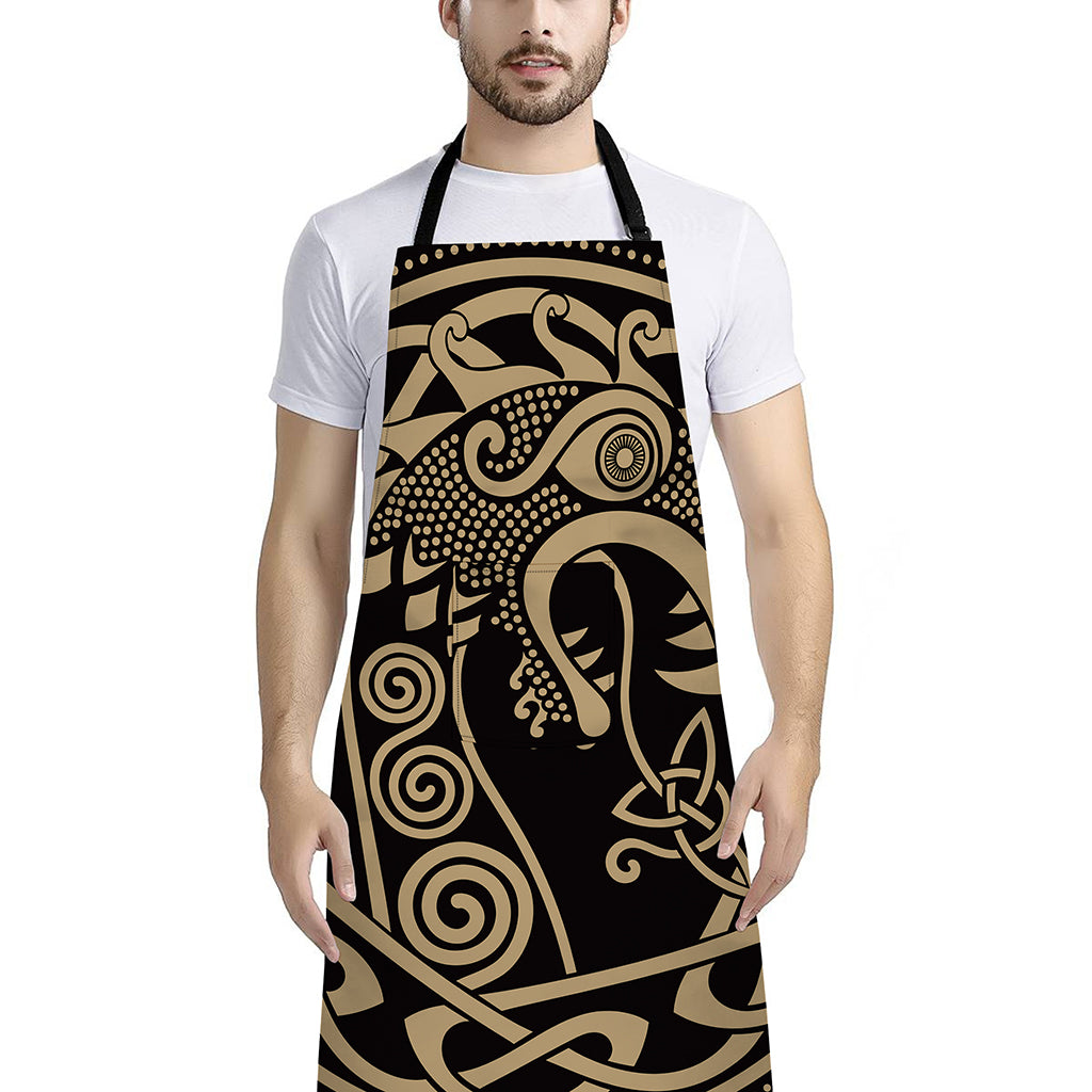 Scandinavian Viking Dragon Print Bib Apron With Pocket