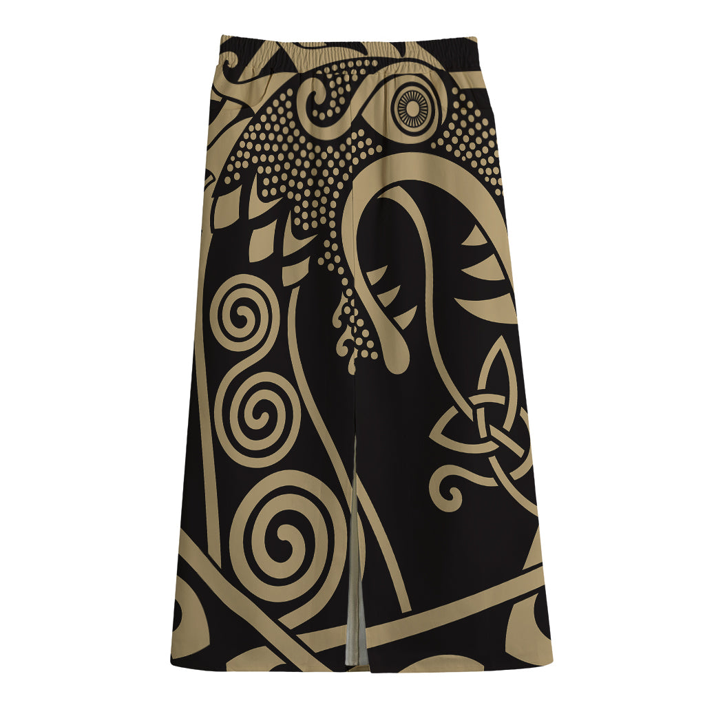 Scandinavian Viking Dragon Print Cotton Front Slit Maxi Skirt