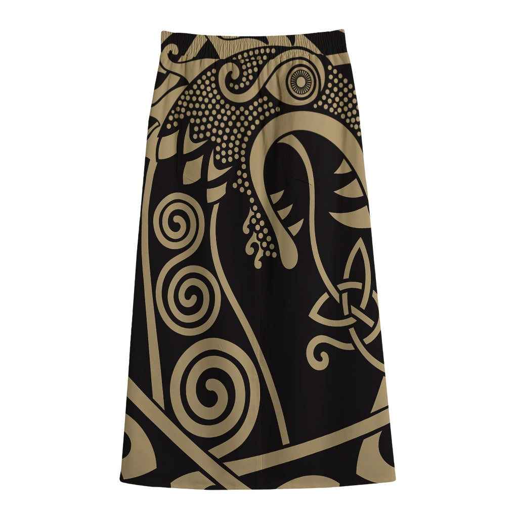 Scandinavian Viking Dragon Print Cotton Front Slit Maxi Skirt