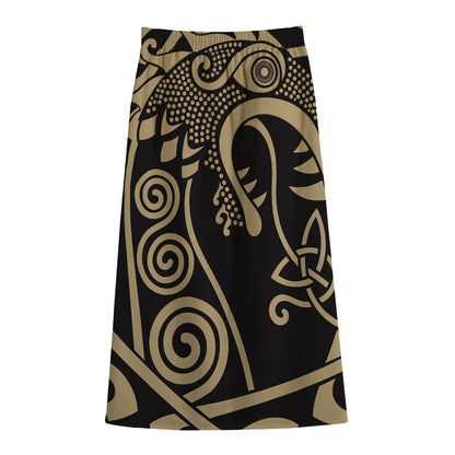 Scandinavian Viking Dragon Print Cotton Front Slit Maxi Skirt