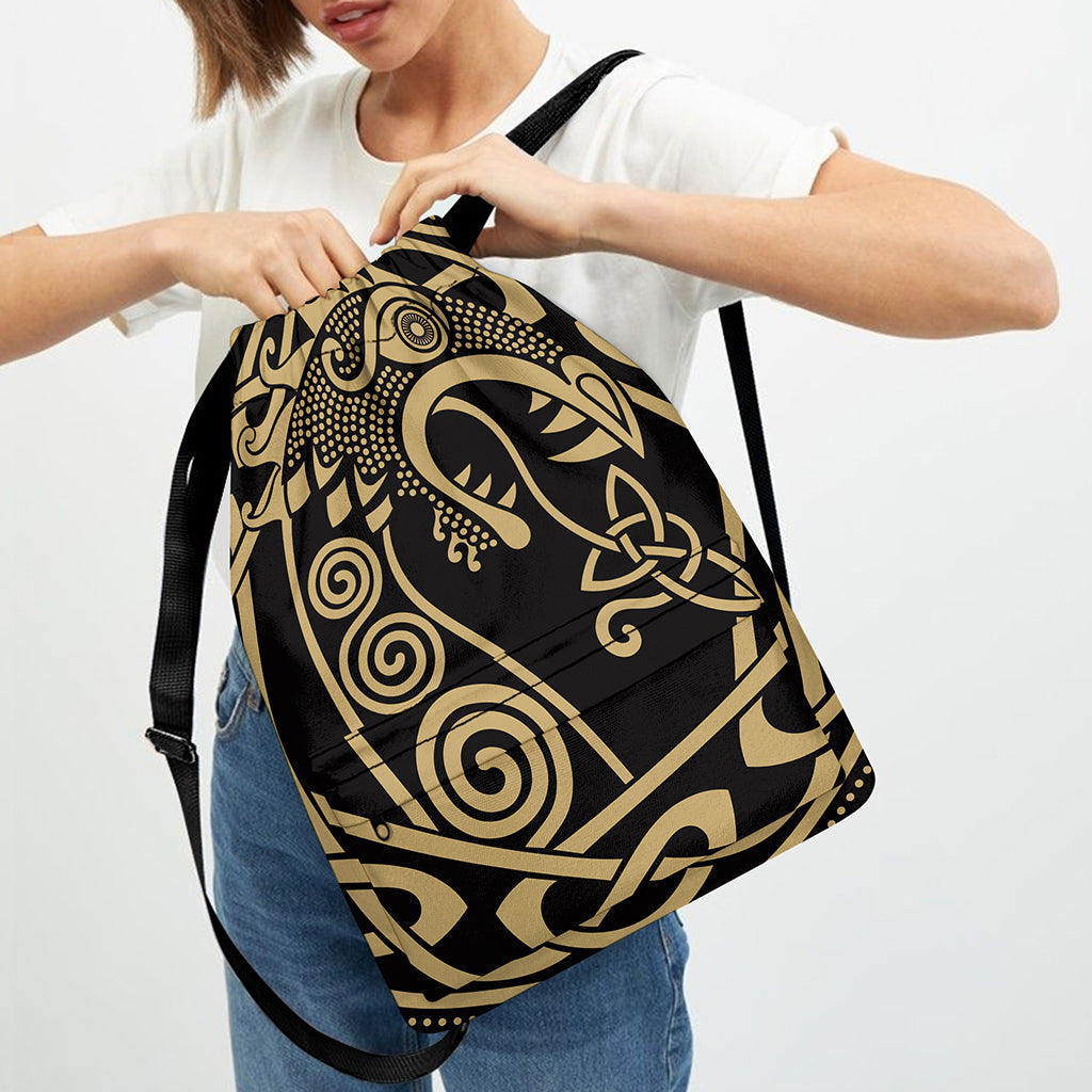 Scandinavian Viking Dragon Print Drawstring Backpack