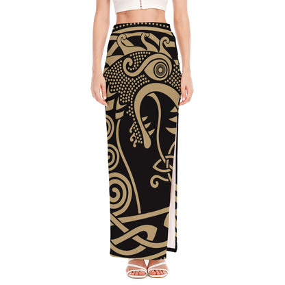 Scandinavian Viking Dragon Print High Slit Maxi Skirt