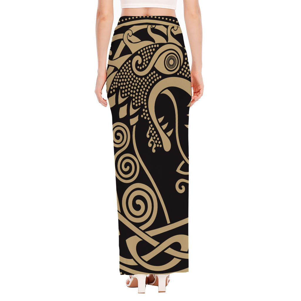 Scandinavian Viking Dragon Print High Slit Maxi Skirt