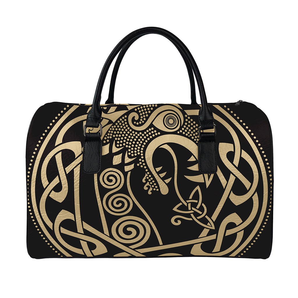 Scandinavian Viking Dragon Print Leather Duffle Bag