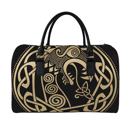 Scandinavian Viking Dragon Print Leather Duffle Bag