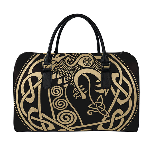 Scandinavian Viking Dragon Print Leather Duffle Bag
