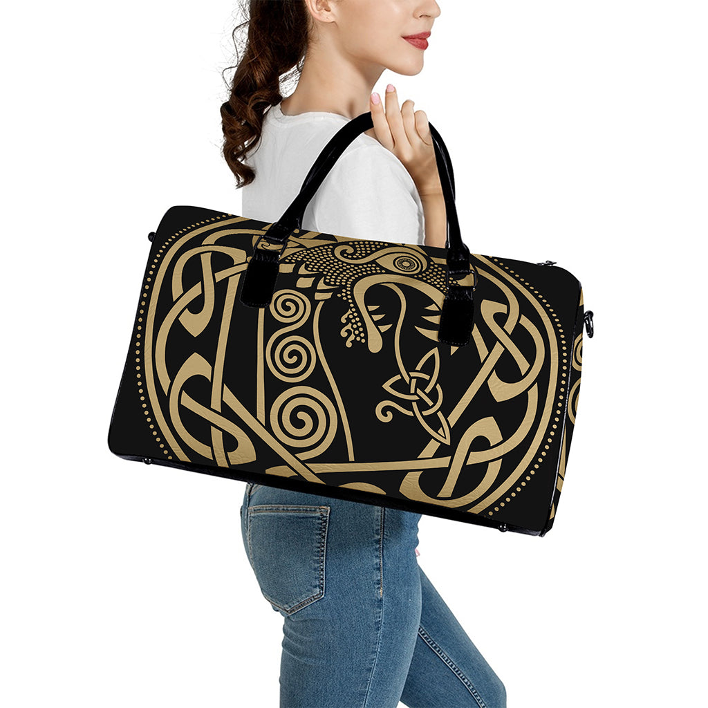 Scandinavian Viking Dragon Print Leather Duffle Bag