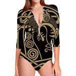 Scandinavian Viking Dragon Print Long Sleeve Swimsuit