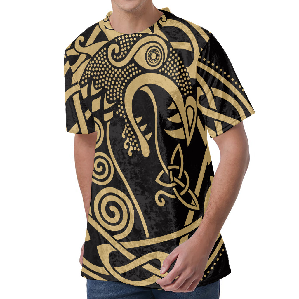 Scandinavian Viking Dragon Print Men's Velvet T-Shirt