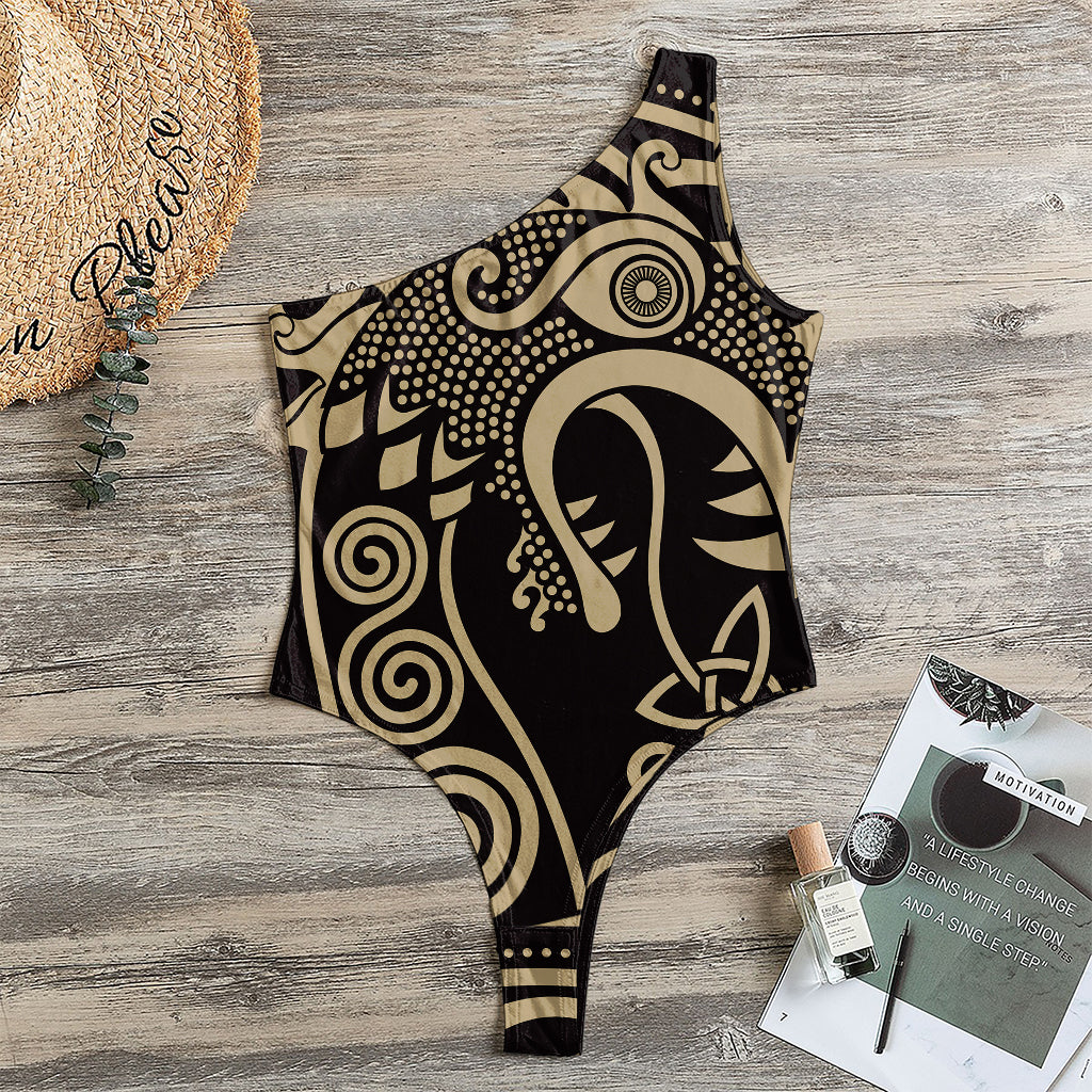 Scandinavian Viking Dragon Print One Shoulder Bodysuit