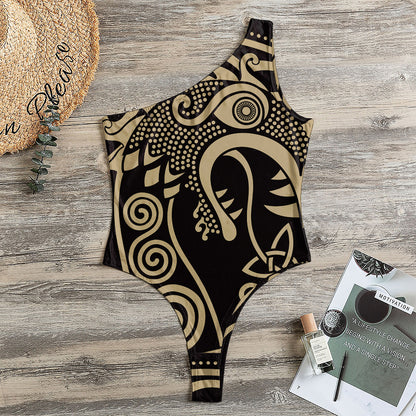 Scandinavian Viking Dragon Print One Shoulder Bodysuit