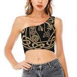 Scandinavian Viking Dragon Print One Shoulder Crop Top