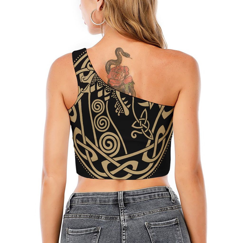 Scandinavian Viking Dragon Print One Shoulder Crop Top