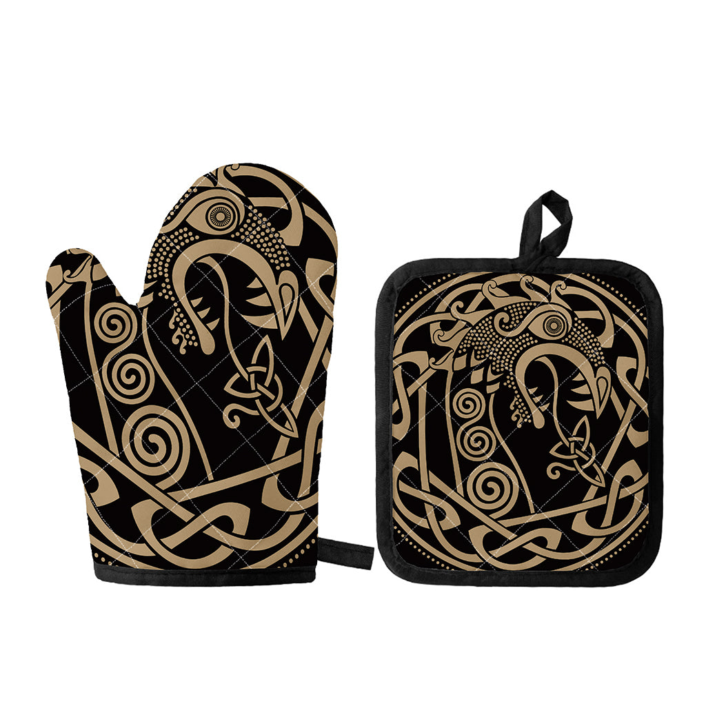Scandinavian Viking Dragon Print Oven Mitt And Pot Holder Set