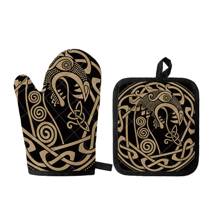 Scandinavian Viking Dragon Print Oven Mitt And Pot Holder Set