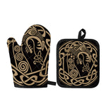 Scandinavian Viking Dragon Print Oven Mitt And Pot Holder Set