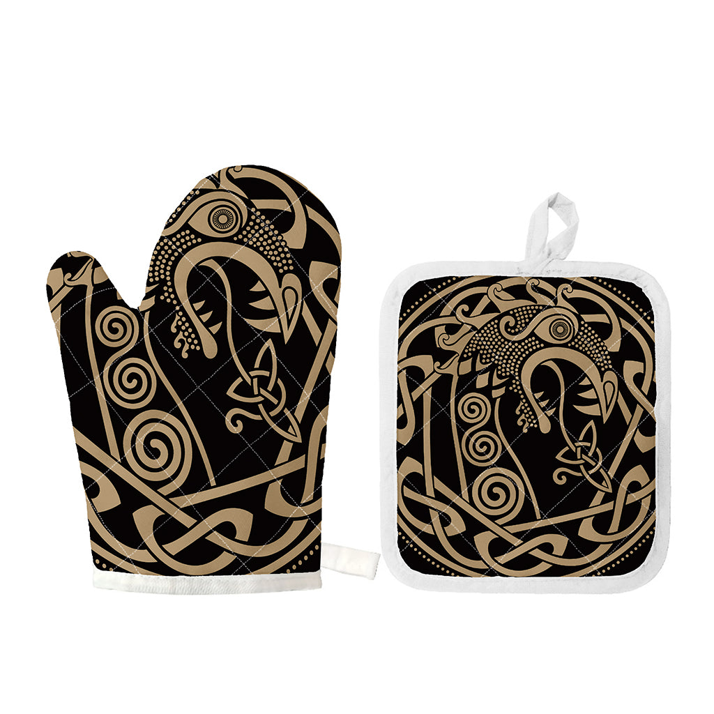Scandinavian Viking Dragon Print Oven Mitt And Pot Holder Set