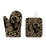 Scandinavian Viking Dragon Print Oven Mitt And Pot Holder Set