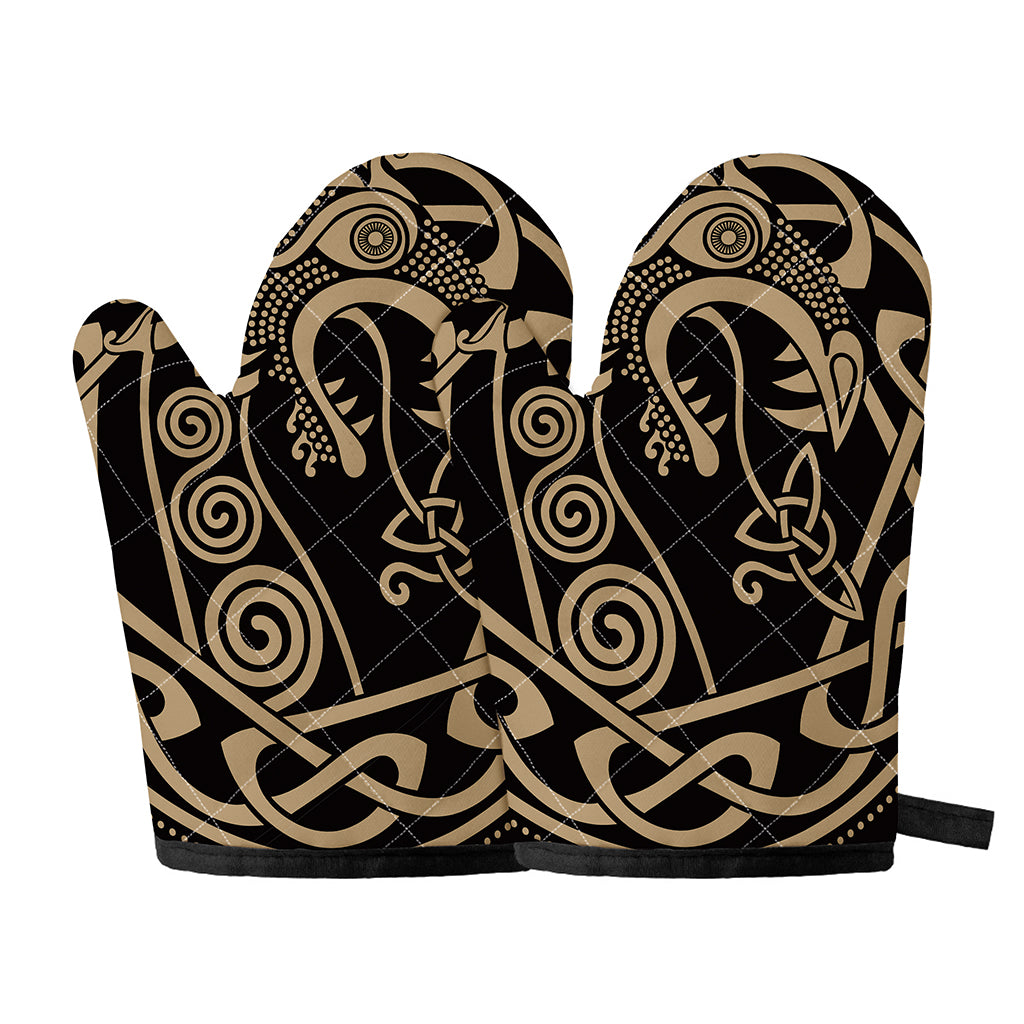 Scandinavian Viking Dragon Print Oven Mitts