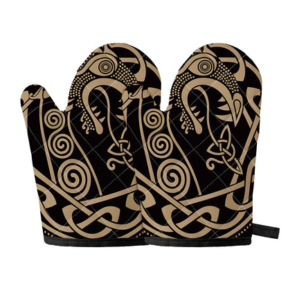 Scandinavian Viking Dragon Print Oven Mitts