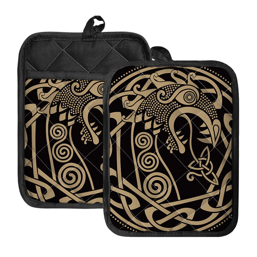 Scandinavian Viking Dragon Print Pot Holders With Pocket