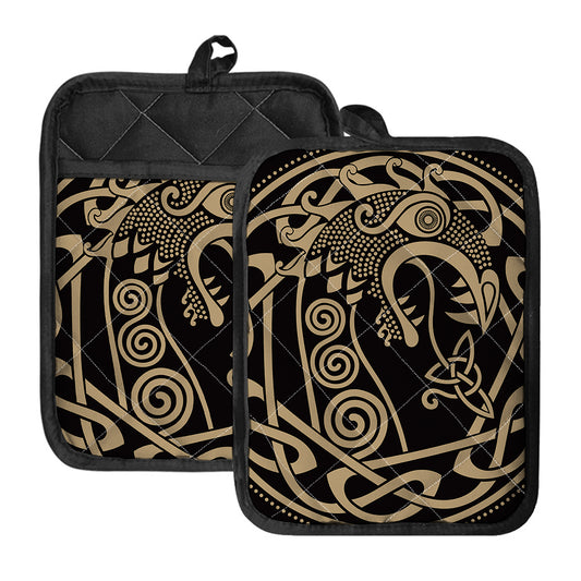 Scandinavian Viking Dragon Print Pot Holders With Pocket