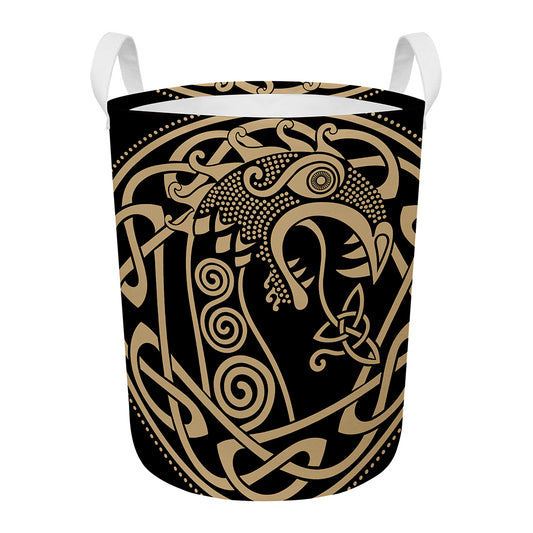 Scandinavian Viking Dragon Print Round Laundry Basket