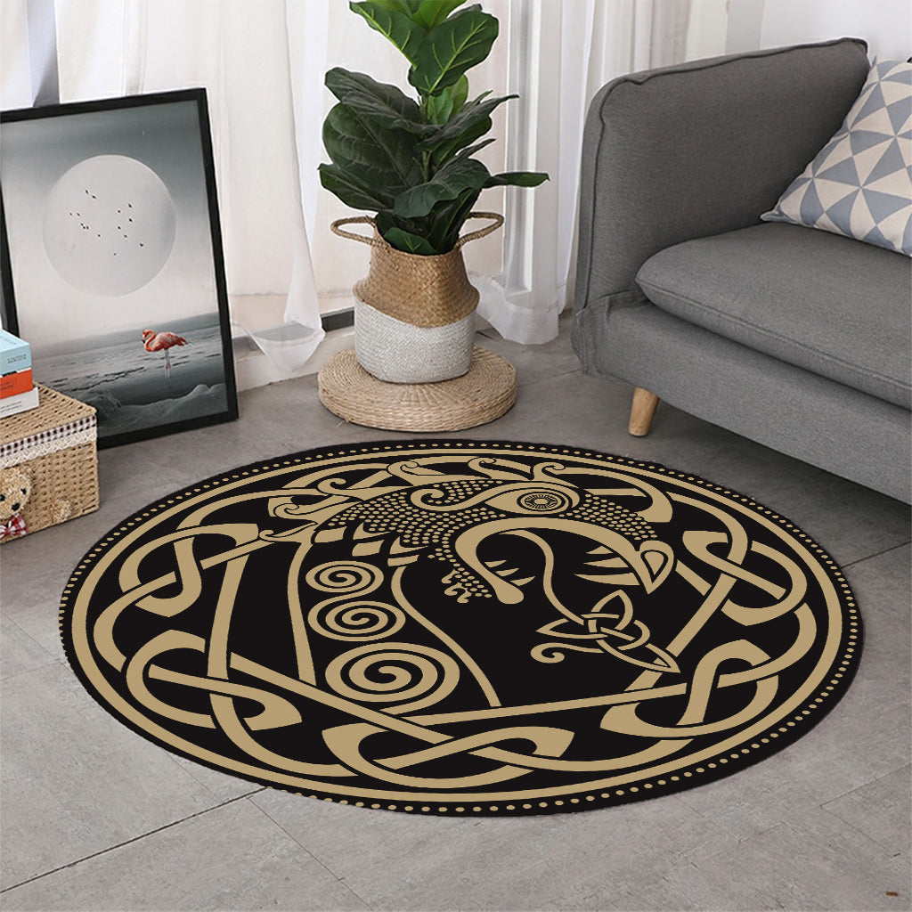 Scandinavian Viking Dragon Print Round Rug