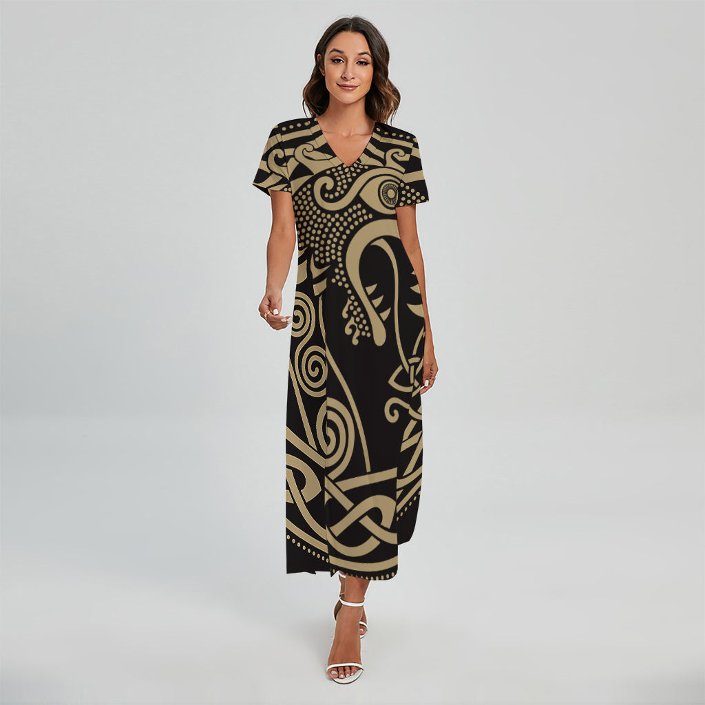 Scandinavian Viking Dragon Print Short Sleeve Maxi Dress