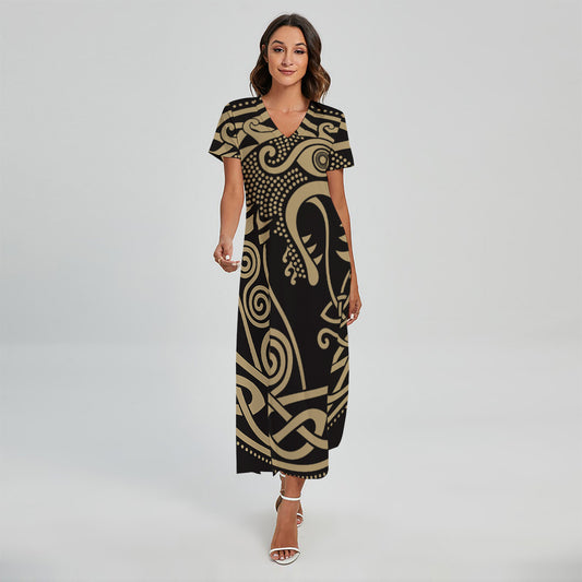 Scandinavian Viking Dragon Print Short Sleeve Maxi Dress