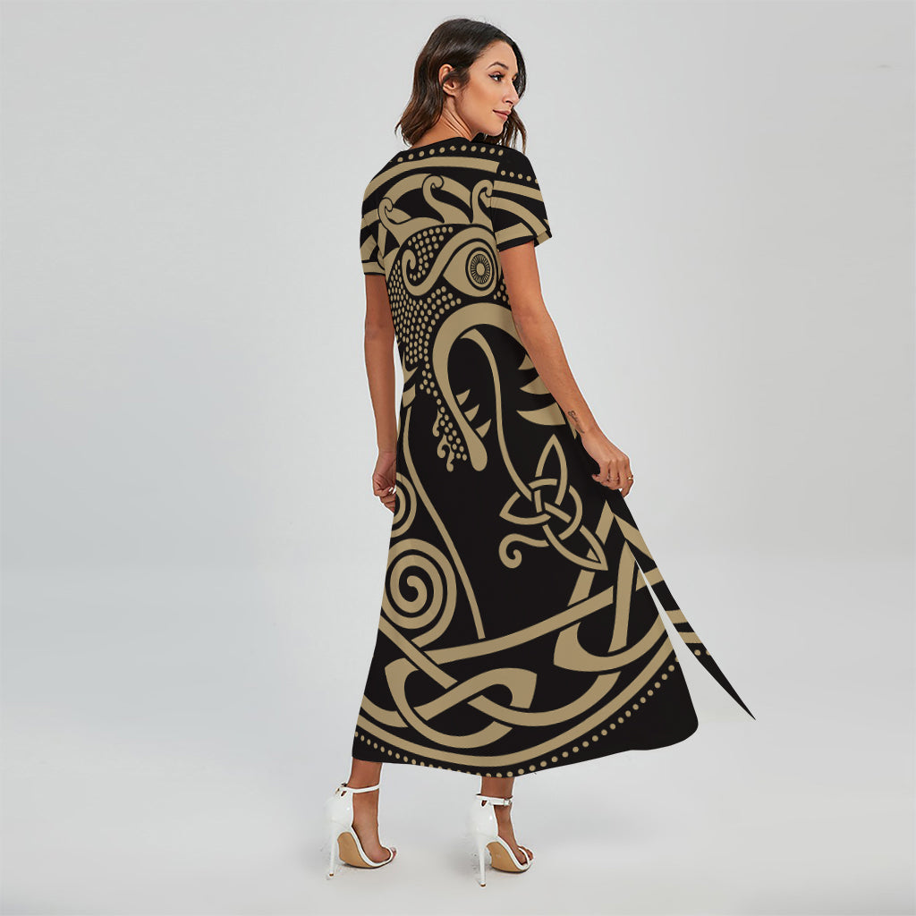 Scandinavian Viking Dragon Print Short Sleeve Maxi Dress
