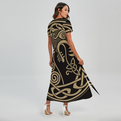 Scandinavian Viking Dragon Print Short Sleeve Maxi Dress