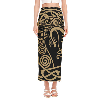 Scandinavian Viking Dragon Print Side Slit Maxi Skirt
