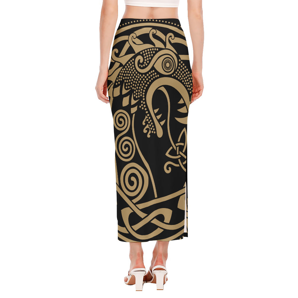 Scandinavian Viking Dragon Print Side Slit Maxi Skirt